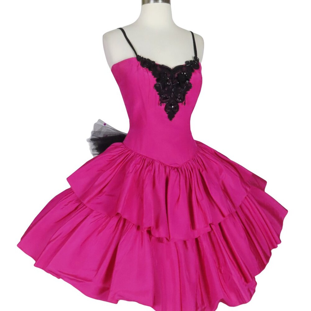 Vintage 80s Pink Black Beaded Tiered Full Skirt Prom Cocktail Party Dress S M - Picture 2 of 14